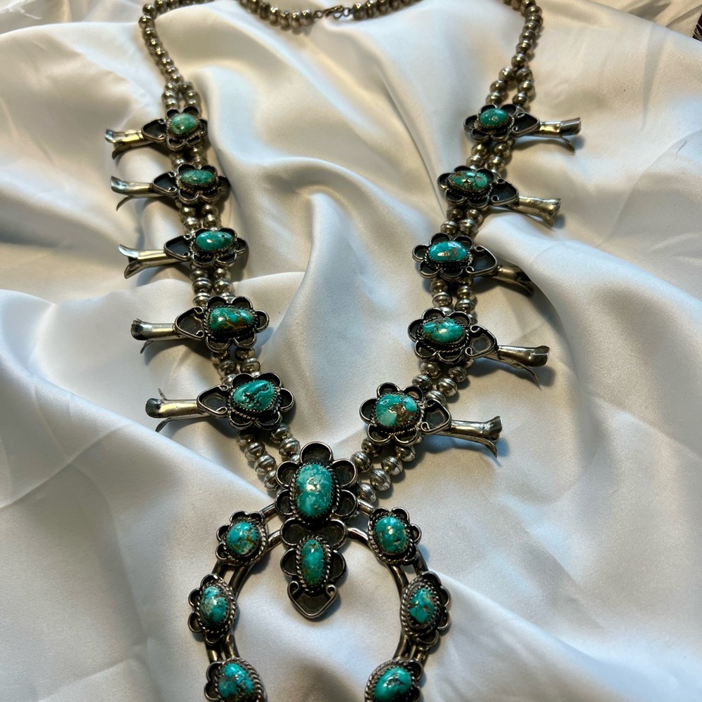Beautiful Squash Blossom Turquoise Necklace SS 925 C11, 215 grams.